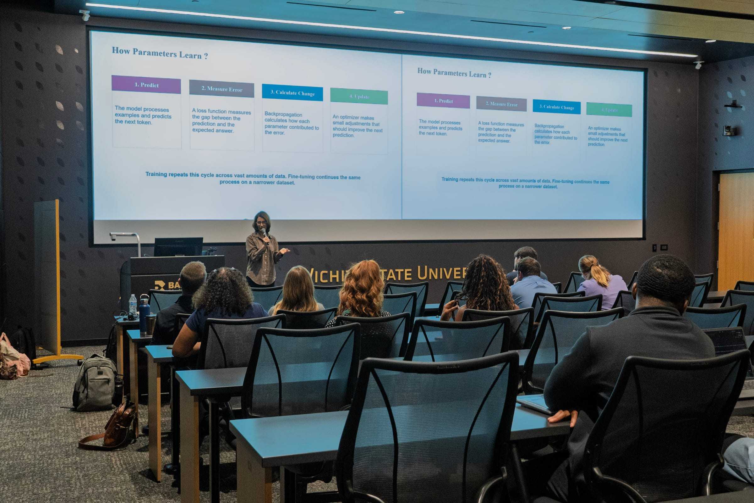 A speaker presents a slide titled "How Parameters Learn?" to a lecture hall during the Chocolathon.